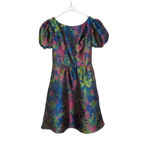 DB STUDIO Puff Sleeve Open Back Brocade A-Line Metallic Mini Dress Size 10 - Picture 5 of 12